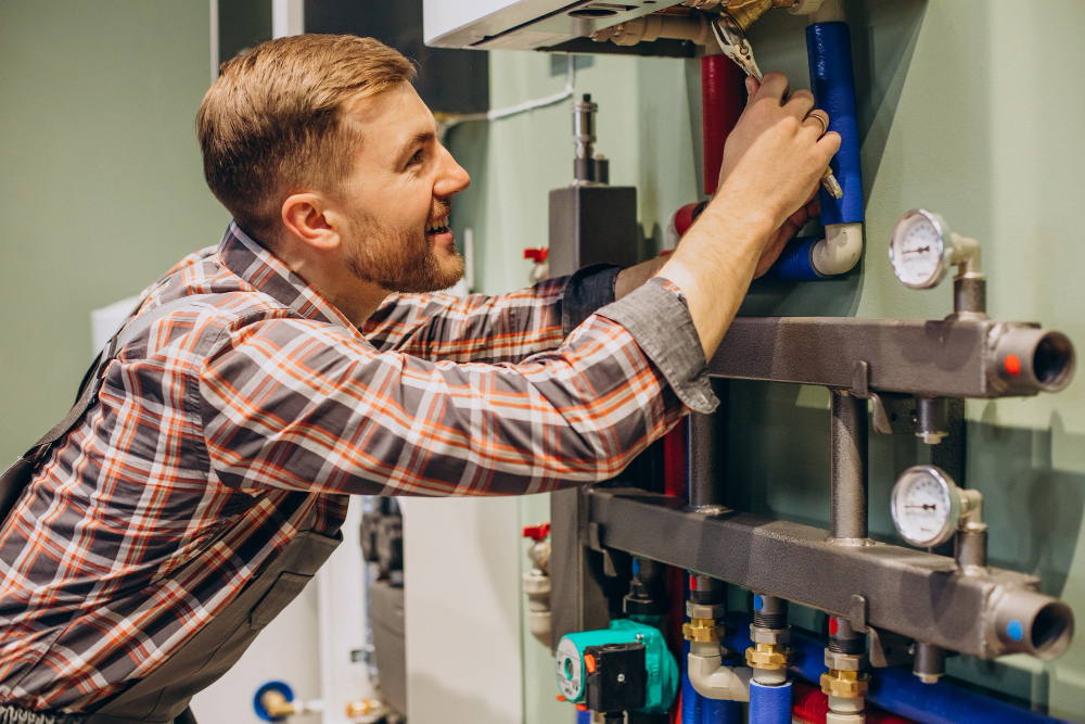 Heating engineer installing a new boiler